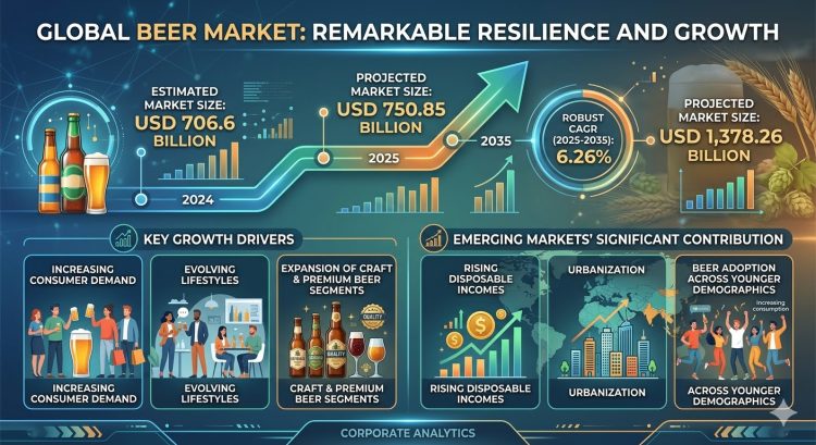 Global Beer Market to Reach USD 1,378.26 Billion by 2035, Growing at a CAGR of 6.26% – Market Trends, Innovations, and Opportunities